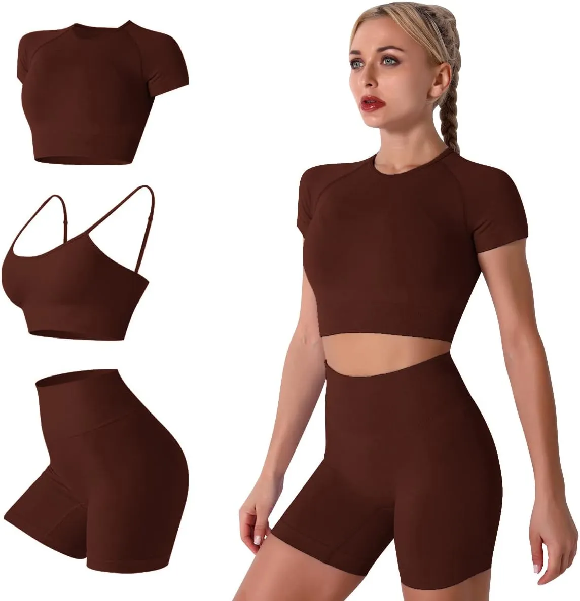 IWEMEK Women Seamless Yoga Outfits 2 Piece Workout Short Sleeve Crop Top with High Waisted Running Shorts Sets Activewear