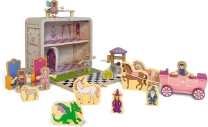 Jack Rabbit Creations Princess Suitcase Playset 18 Piece Wooden Montessori Toy for Toddlers- Includes Witch, Wizard, Prince, Horse Drawn Carriage and Fairytale Creatures- Kids 3 