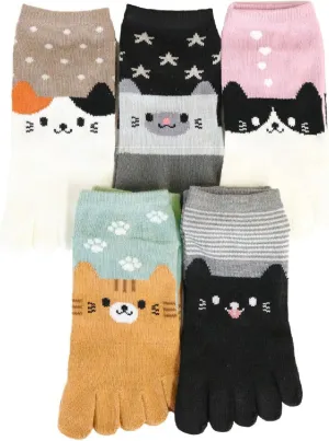 Japanese Cat Design Toe Five Finger Socks (Set of 5 Pairs) Athletic No Show Split Toe Socks Colorful