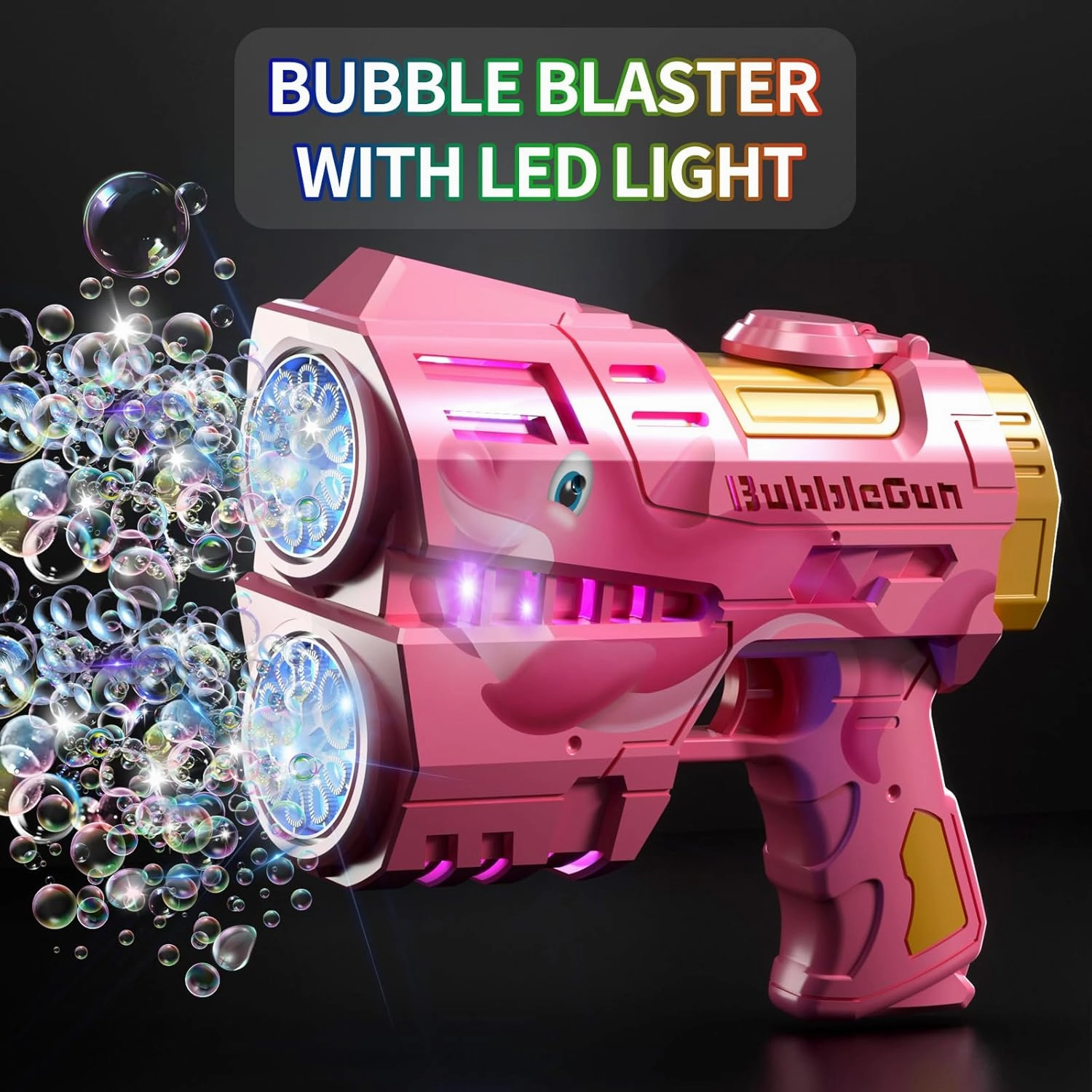 Jasny 2 Pack Rechargeable Dino Bubble Guns for Kids, LED Light Up Bubbles Machine Blower with 2 Bottles Refill Solution for Toddlers, Summer Wedding Toys Gift