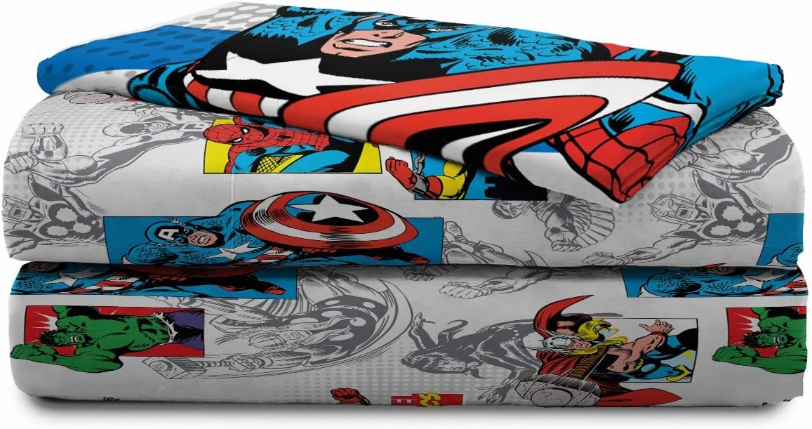 Jay Franco Marvel Comics Full Sheet Set-Features Captain America, Hulk, Iron Man, Spiderman, and Thor, Good Guys Blue