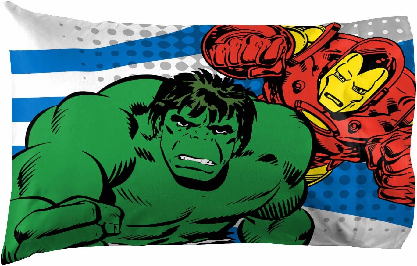 Jay Franco Marvel Comics Full Sheet Set-Features Captain America, Hulk, Iron Man, Spiderman, and Thor, Good Guys Blue