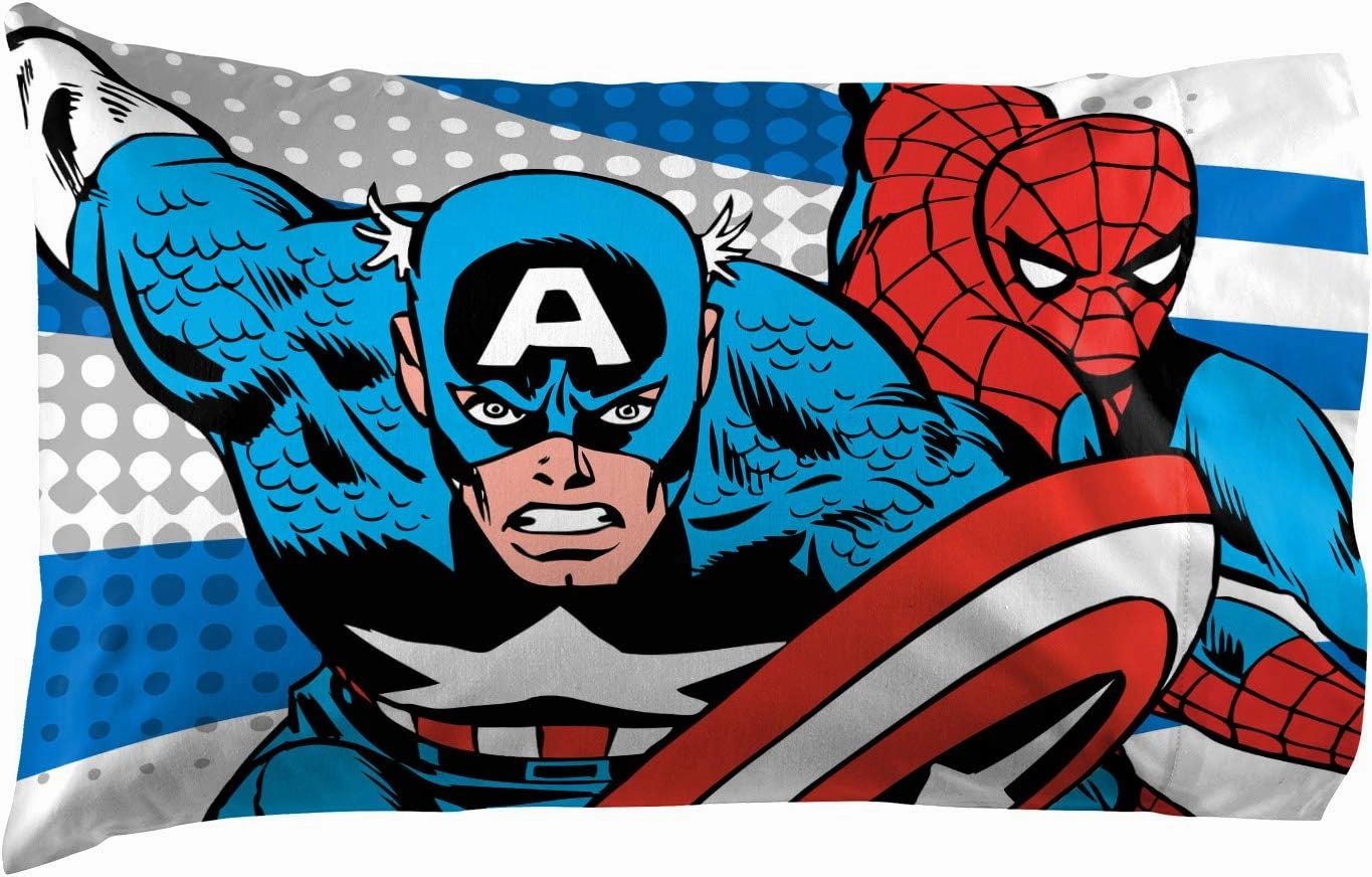 Jay Franco Marvel Comics Full Sheet Set-Features Captain America, Hulk, Iron Man, Spiderman, and Thor, Good Guys Blue