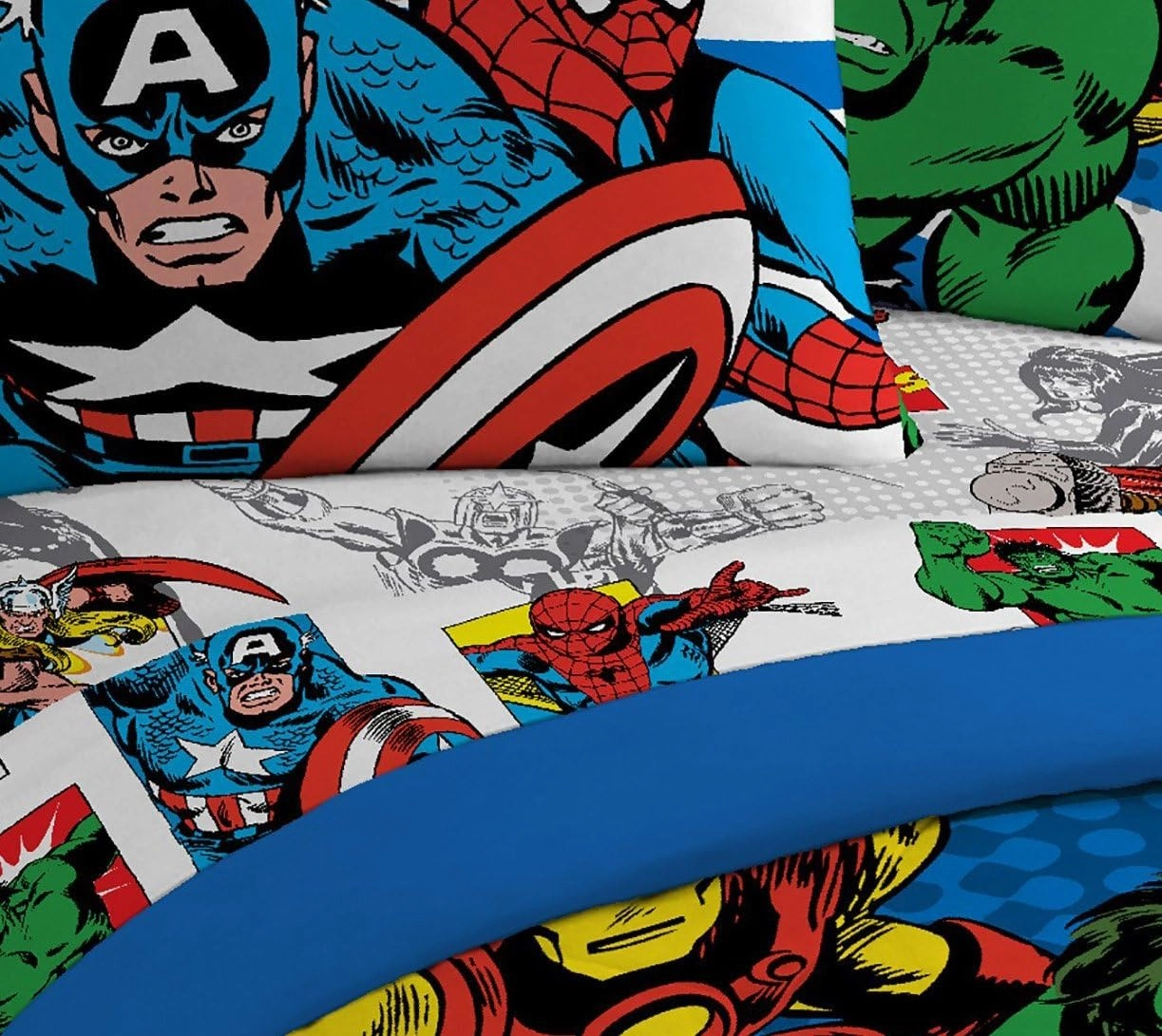 Jay Franco Marvel Comics Full Sheet Set-Features Captain America, Hulk, Iron Man, Spiderman, and Thor, Good Guys Blue