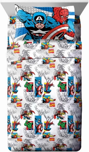 Jay Franco Marvel Comics Full Sheet Set-Features Captain America, Hulk, Iron Man, Spiderman, and Thor, Good Guys Blue
