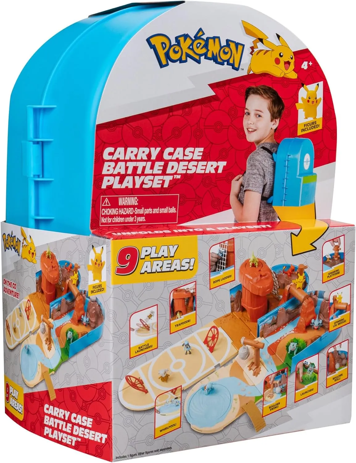Jazwares Pokémon Carry CASE Battle Desert PLAYSET - Portable Transforming Playset with Action Features and 2-inch Pikachu Battle Figure
