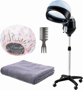 Jecery Standing Hair Steamer with Towel Hair Cap and Styling Hair Comb for Deep Conditioning, Hooded Heating Steamer for Hydration, Color Processor and Hair Care Home Salon Use