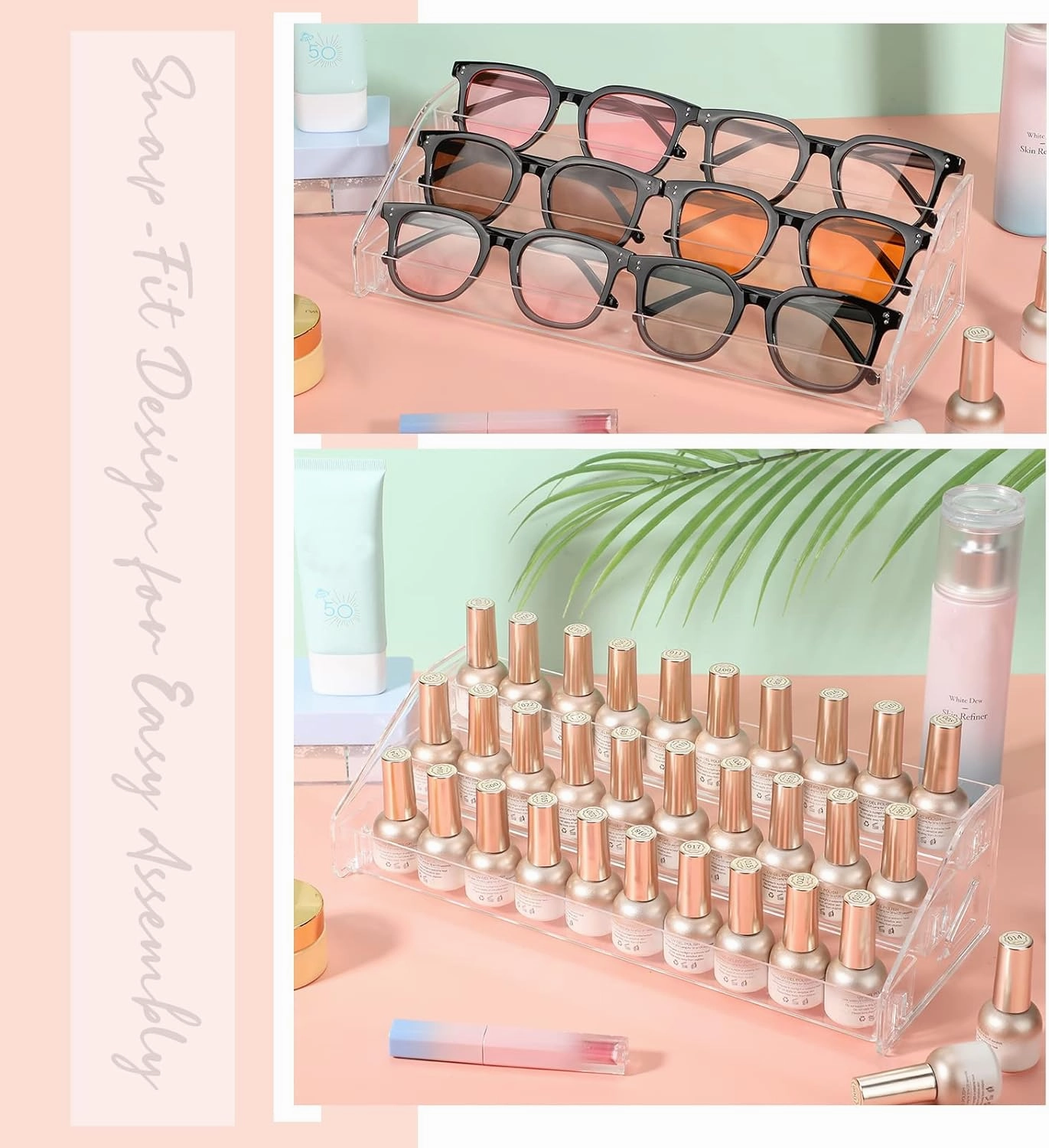 Jetec 2 Pcs Acrylic Nail Polish Organizer Clear Glasses Holder Sunglasses Organizer Nail Polish Holder Acrylic Glasses Stand Essential Oils Cosmetic Display Cases Eyewear Rack (3 Tiers Style)
