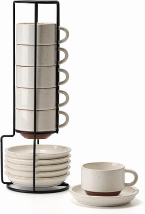 JIEMEI HOME Porcelain Stackable Cappuccino Cups with Saucers and Metal Stand, 7 Ounce Espresso Cups for Latte Coffee Cafe, Specialty Coffee Drinks, Cappuccino and Tea - Set of 6, White