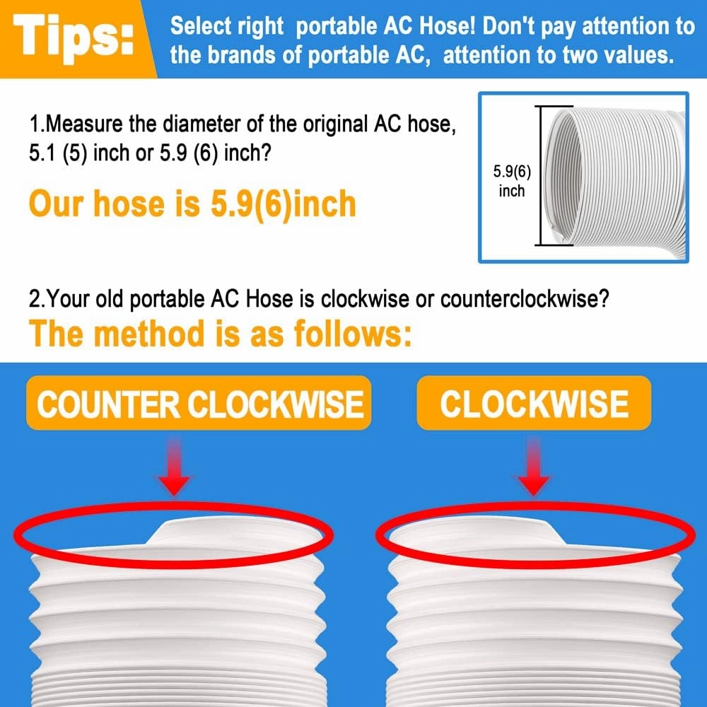 Jin&Bao Air Conditioner Vent Hose, Portable Exhaust Duct with 5.9’’ (6‘’) Diameter, Counterclockwise Rotation, Length up to 78 Inches, Universal Replacement AC Hoses