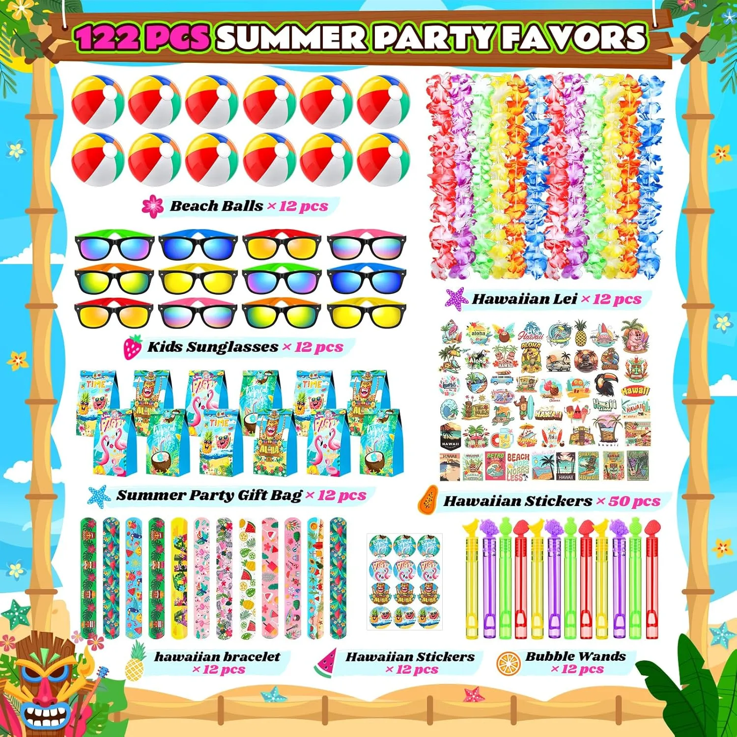 Joycover Beach Pool Party Favors, 122Pcs Hawaiian Pool Beach Party Supplies, Hawaiian Leis For Luau Decorations, include Kids Sunglasses, Beach Balls, Pool Party Supplies, Summer Beach Toys