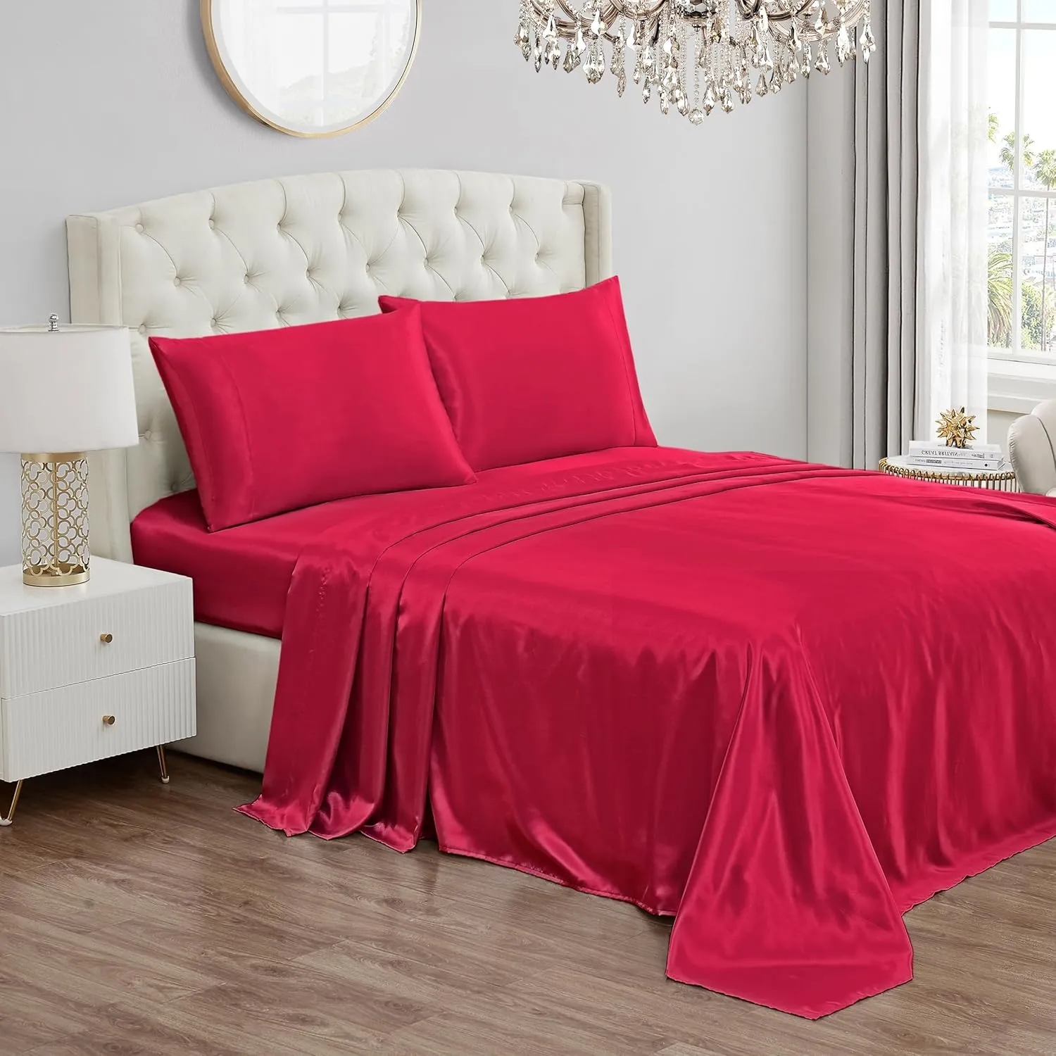 Juicy Couture Queen Size Satin Bed Sheet Set, Deep Pocket Silky Queen Sheet Set with 1 Fitted Sheet, 1 Flat Sheet, and 2 Pillow Case, Wrinkle Resistant and Anti Pilling Bed Sheets - Hot Pink