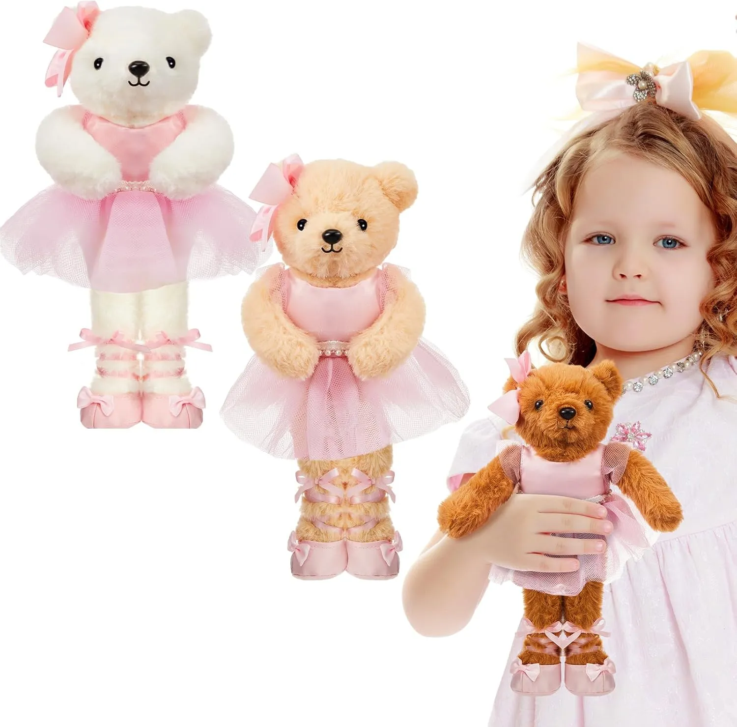 Junkin 3 Pcs Ballerina Bear in Ballet Outfit Dance Recital Gifts, 10 Inch Plush Stuffed Ballerina Animal Toy Doll Long Leg Bear with Tutu(Pink)
