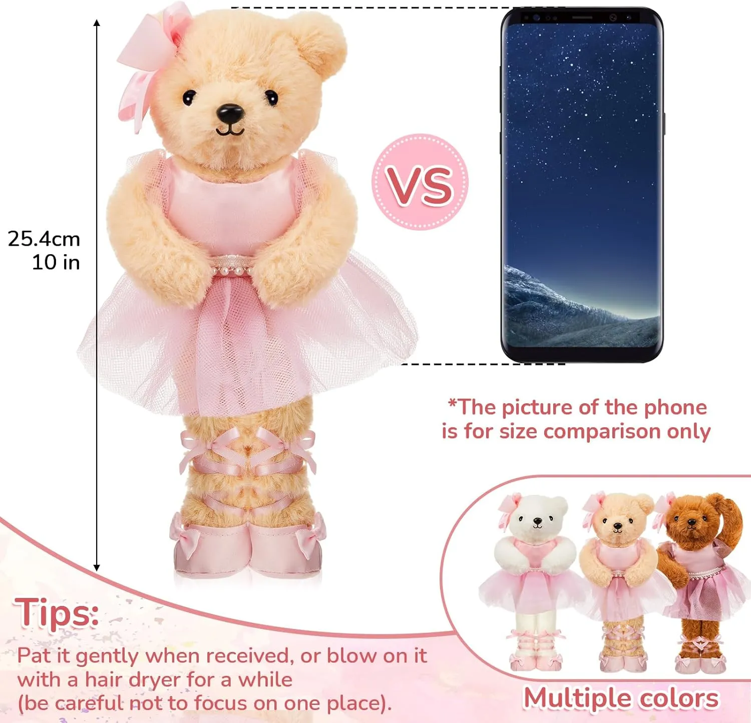 Junkin 3 Pcs Ballerina Bear in Ballet Outfit Dance Recital Gifts, 10 Inch Plush Stuffed Ballerina Animal Toy Doll Long Leg Bear with Tutu(Pink)