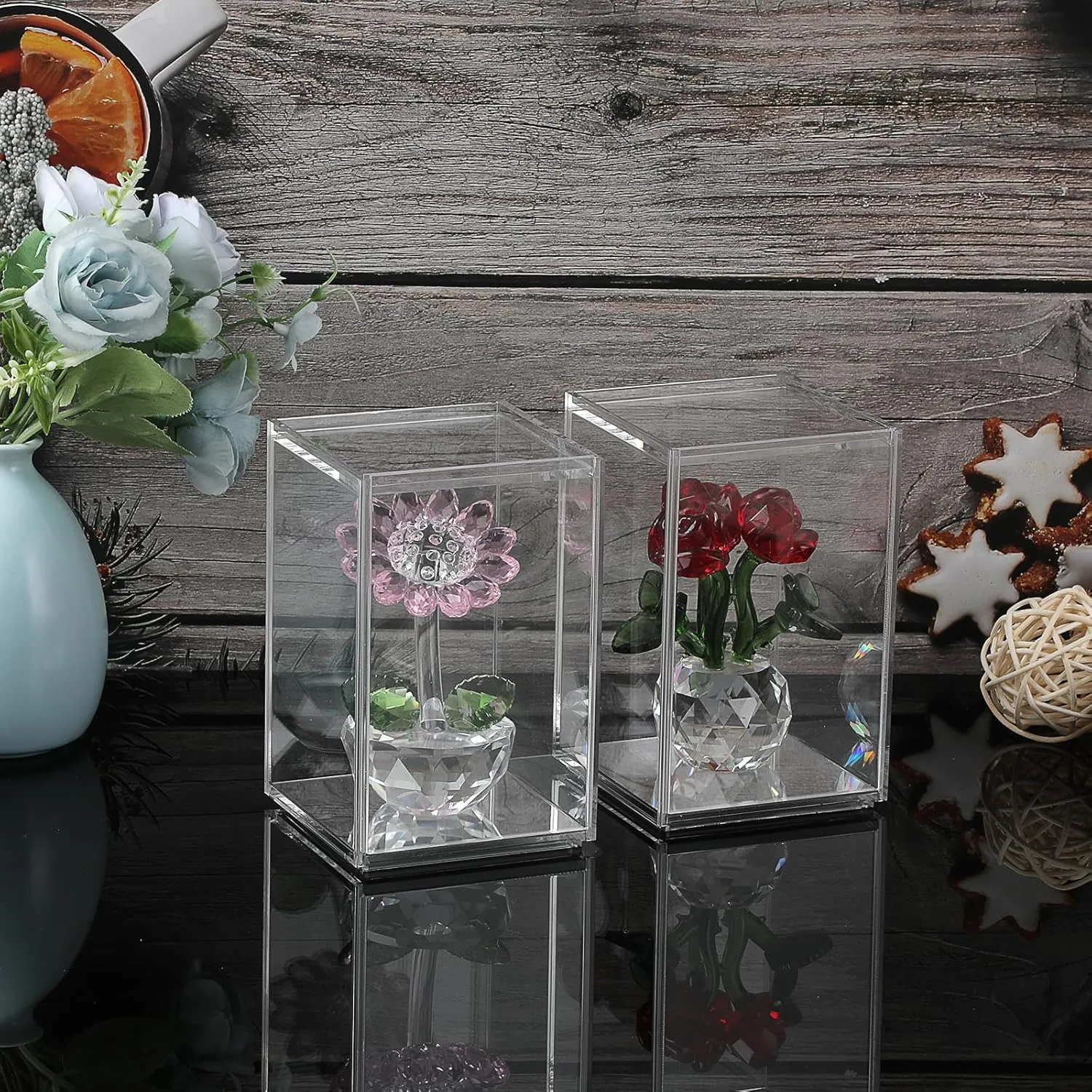 JUXYES Pack of 2 Clear Acrylic Display Case with Sliding Door for Mini Action Figures, Stackable Display Case Cube Small Showcase Free Standing Collectibles Protection Box, Mirrored Bottom