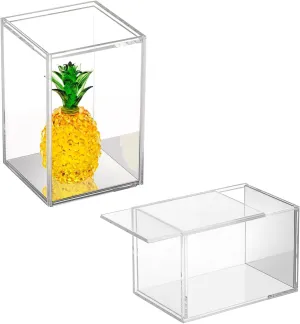 JUXYES Pack of 2 Clear Acrylic Display Case with Sliding Door for Mini Action Figures, Stackable Display Case Cube Small Showcase Free Standing Collectibles Protection Box, Mirrored Bottom