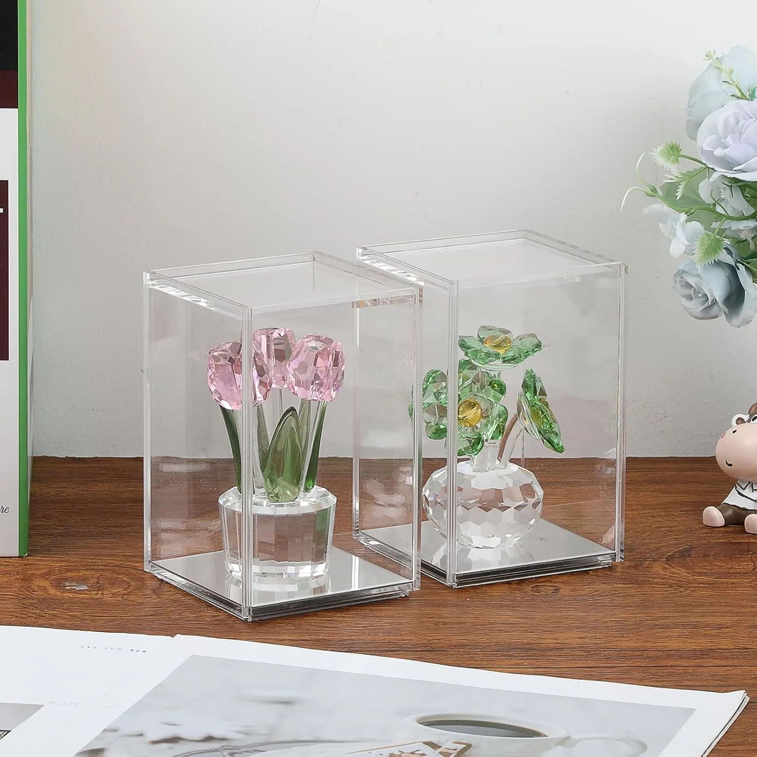 JUXYES Pack of 2 Clear Acrylic Display Case with Sliding Door for Mini Action Figures, Stackable Display Case Cube Small Showcase Free Standing Collectibles Protection Box, Mirrored Bottom