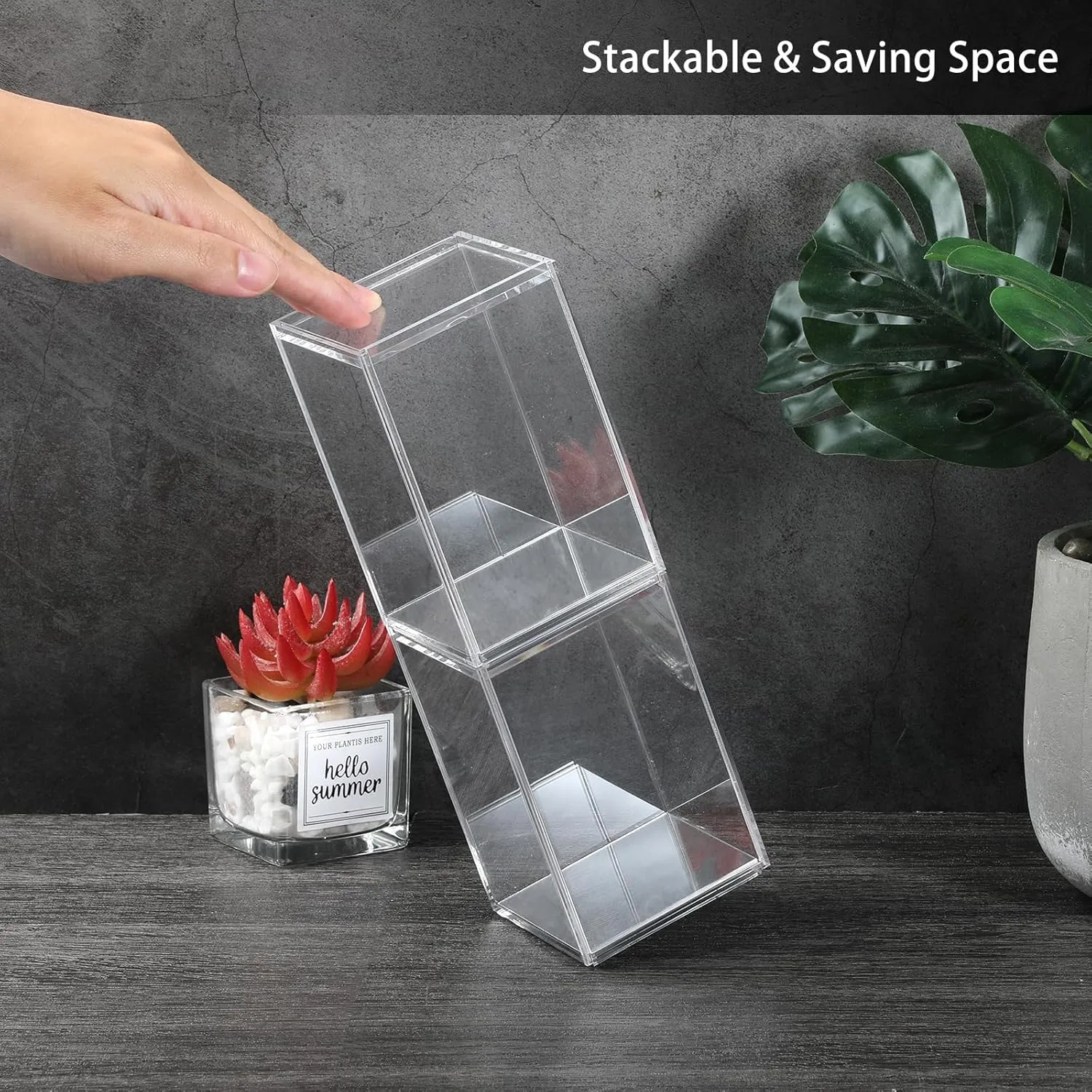 JUXYES Pack of 2 Clear Acrylic Display Case with Sliding Door for Mini Action Figures, Stackable Display Case Cube Small Showcase Free Standing Collectibles Protection Box, Mirrored Bottom