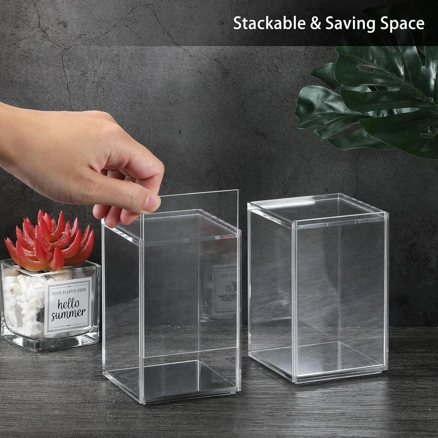 JUXYES Pack of 2 Clear Acrylic Display Case with Sliding Door for Mini Action Figures, Stackable Display Case Cube Small Showcase Free Standing Collectibles Protection Box, Mirrored Bottom