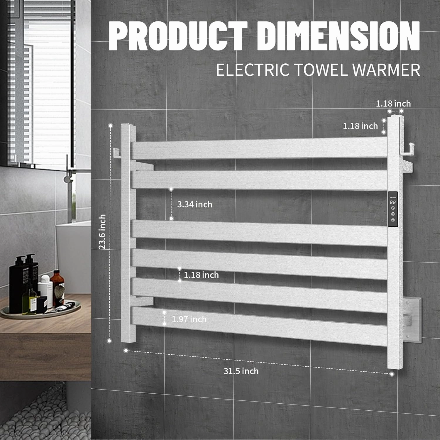 K&KALONZO Towel Warmer for Bathroom, Wall-Mounted 6-Bar Heated Towel Rack with Built-in Timer, Waterproof Electric Towel Heater, Support Plug-in and Hardwired, Brushed, EL18M