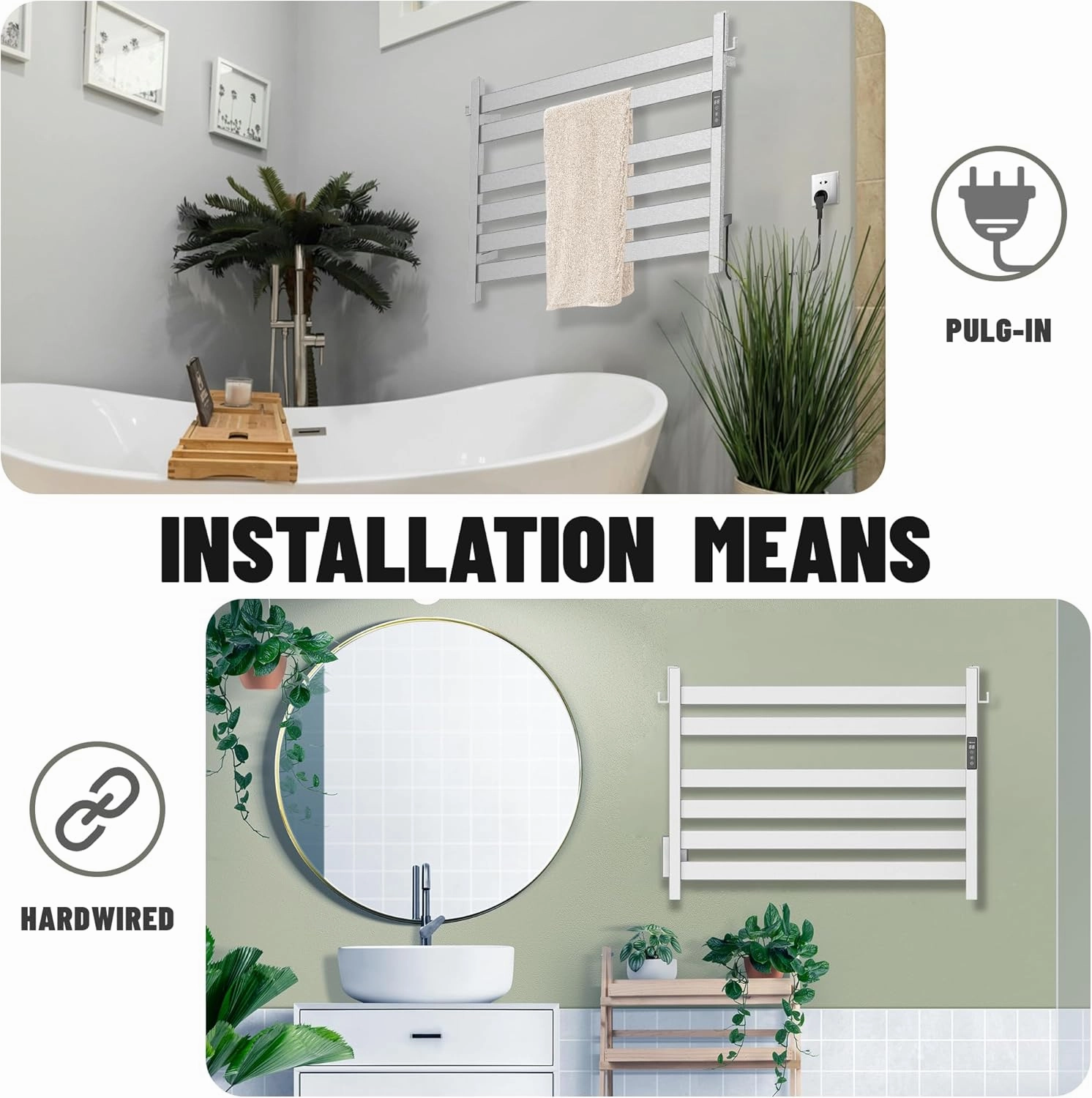 K&KALONZO Towel Warmer for Bathroom, Wall-Mounted 6-Bar Heated Towel Rack with Built-in Timer, Waterproof Electric Towel Heater, Support Plug-in and Hardwired, Brushed, EL18M
