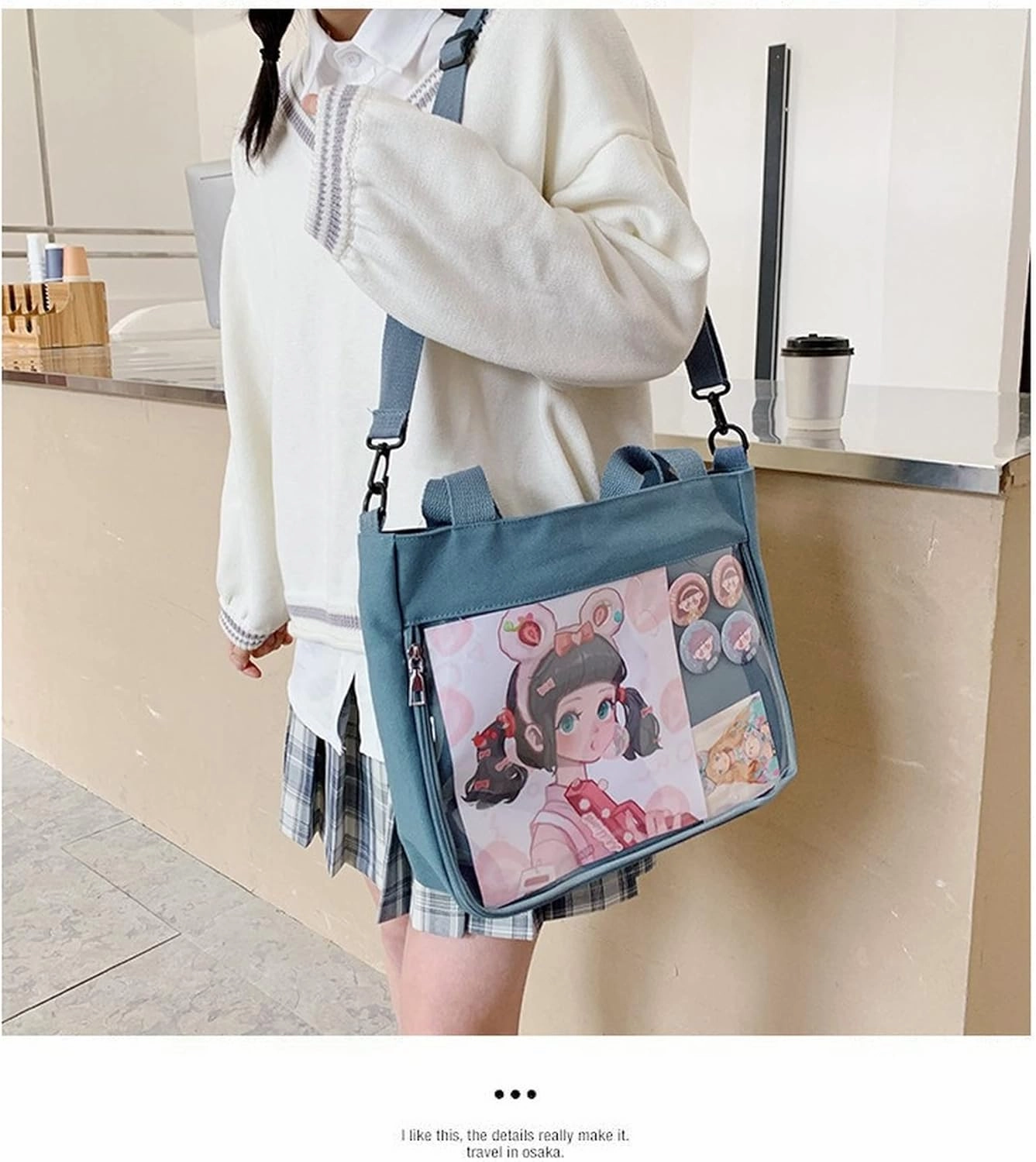 Kawaii Anime Crossbody Shoulder Bag, Back to School Supplies, Japanese Style Cute Casual Transparent Ita Bag with Pins (Blue)