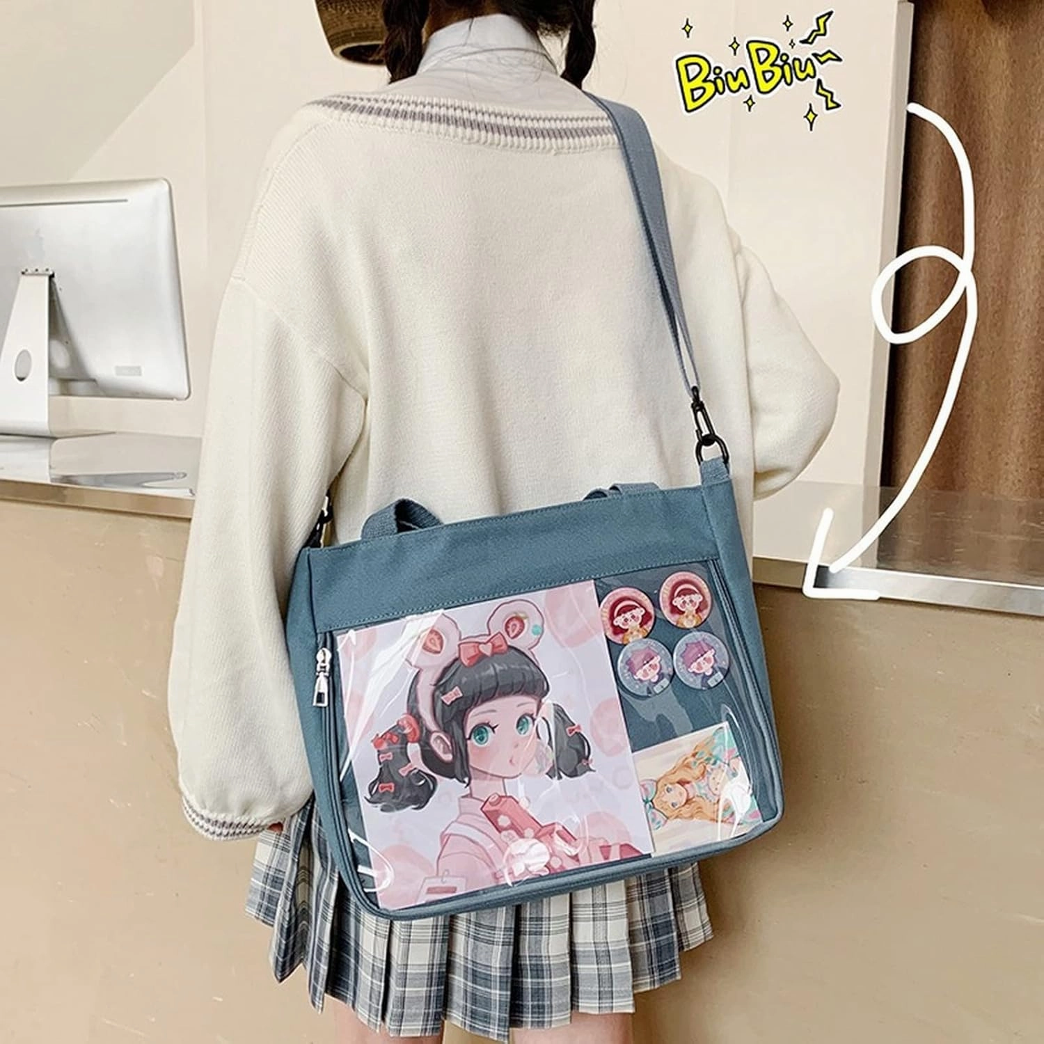 Kawaii Anime Crossbody Shoulder Bag, Back to School Supplies, Japanese Style Cute Casual Transparent Ita Bag with Pins (Blue)