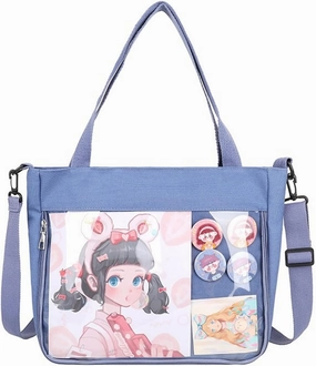 Kawaii Anime Crossbody Shoulder Bag, Back to School Supplies, Japanese Style Cute Casual Transparent Ita Bag with Pins (Blue)