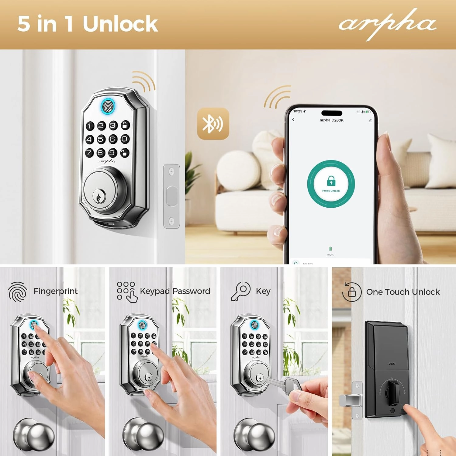 Keyless Entry Deadbolt with Handle Set - Arpha 100 Code Smart Fingerprint Door with App Control, Anti-Peeping Password Auto Lock, One Time Code, Satin Nickel