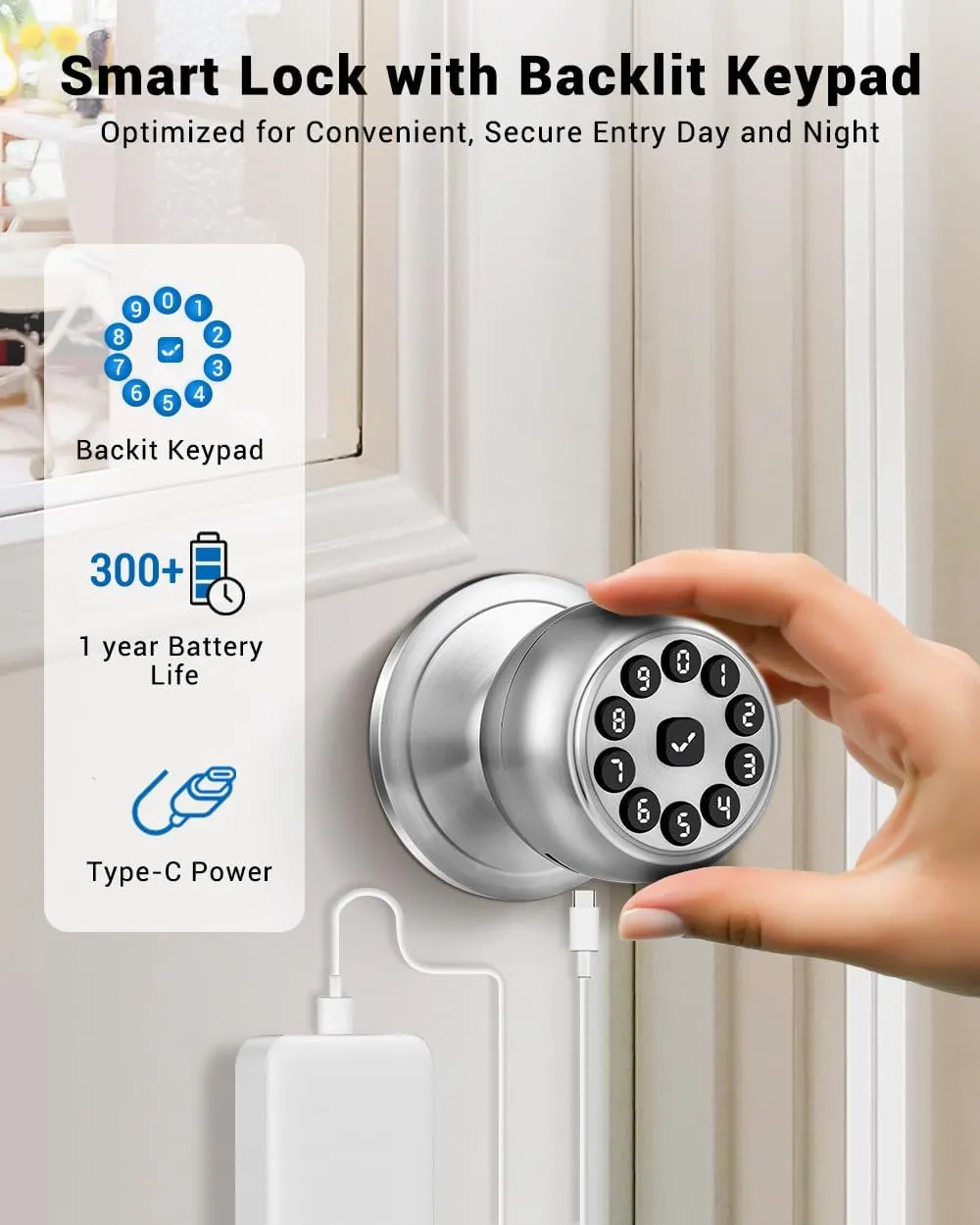 Keypad Smart Door Knob Lock, Keyless Entry Door Lock with Handle - Auto Lock for Front Door - Electrionic Code Door Lock for Bedrooms, Home Office, Garage, Apartment - Easy Installation, Silver