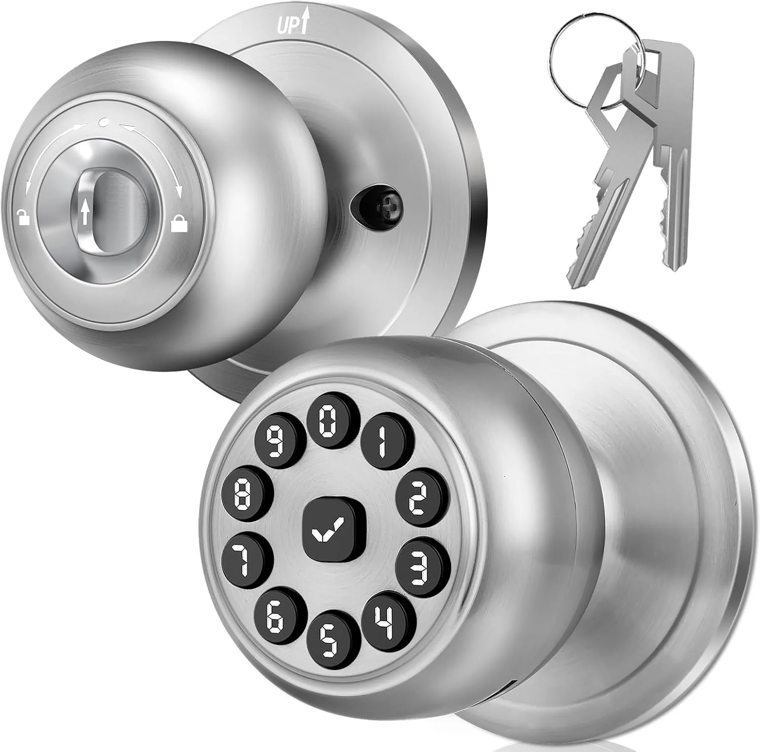 Keypad Smart Door Knob Lock, Keyless Entry Door Lock with Handle - Auto Lock for Front Door - Electrionic Code Door Lock for Bedrooms, Home Office, Garage, Apartment - Easy Installation, Silver
