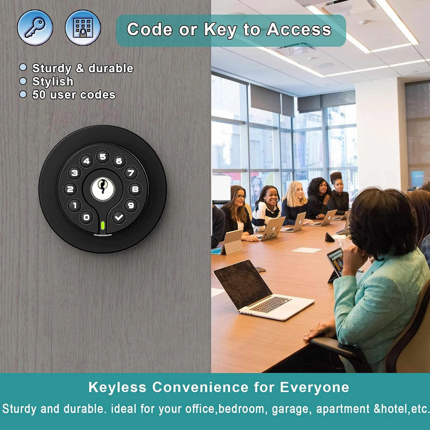 Keypad Door Knob with Key, Keyless Code Entry Lock, Auto Lock, 50 User Code, Easy to Install, for Home ,Office, Hotel, Bedroom, Garage, No Deadbolt