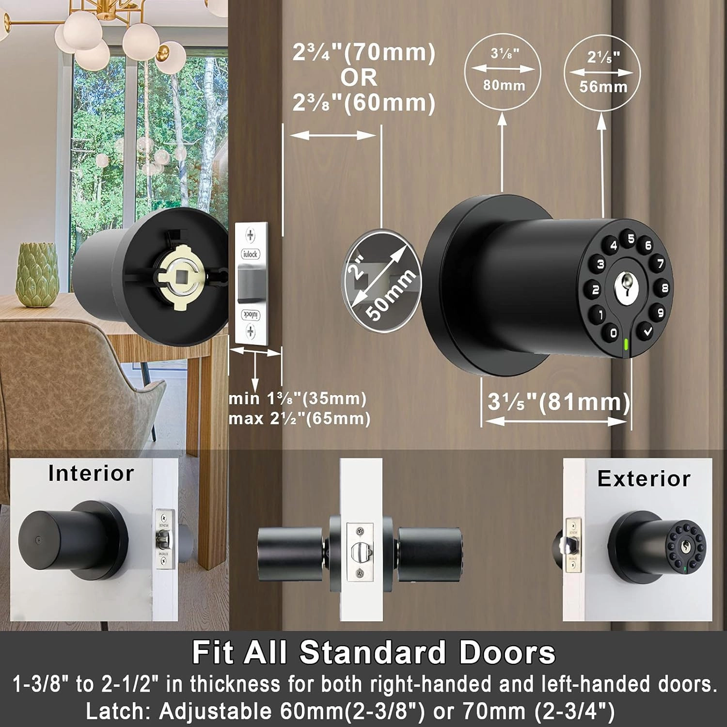 Keypad Door Knob with Key, Keyless Code Entry Lock, Auto Lock, 50 User Code, Easy to Install, for Home ,Office, Hotel, Bedroom, Garage, No Deadbolt
