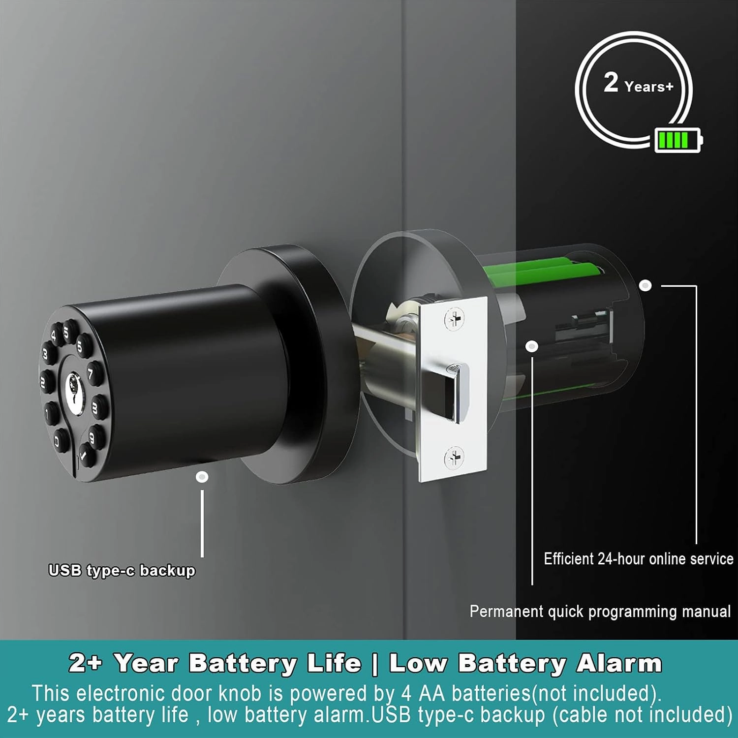 Keypad Door Knob with Key, Keyless Code Entry Lock, Auto Lock, 50 User Code, Easy to Install, for Home ,Office, Hotel, Bedroom, Garage, No Deadbolt