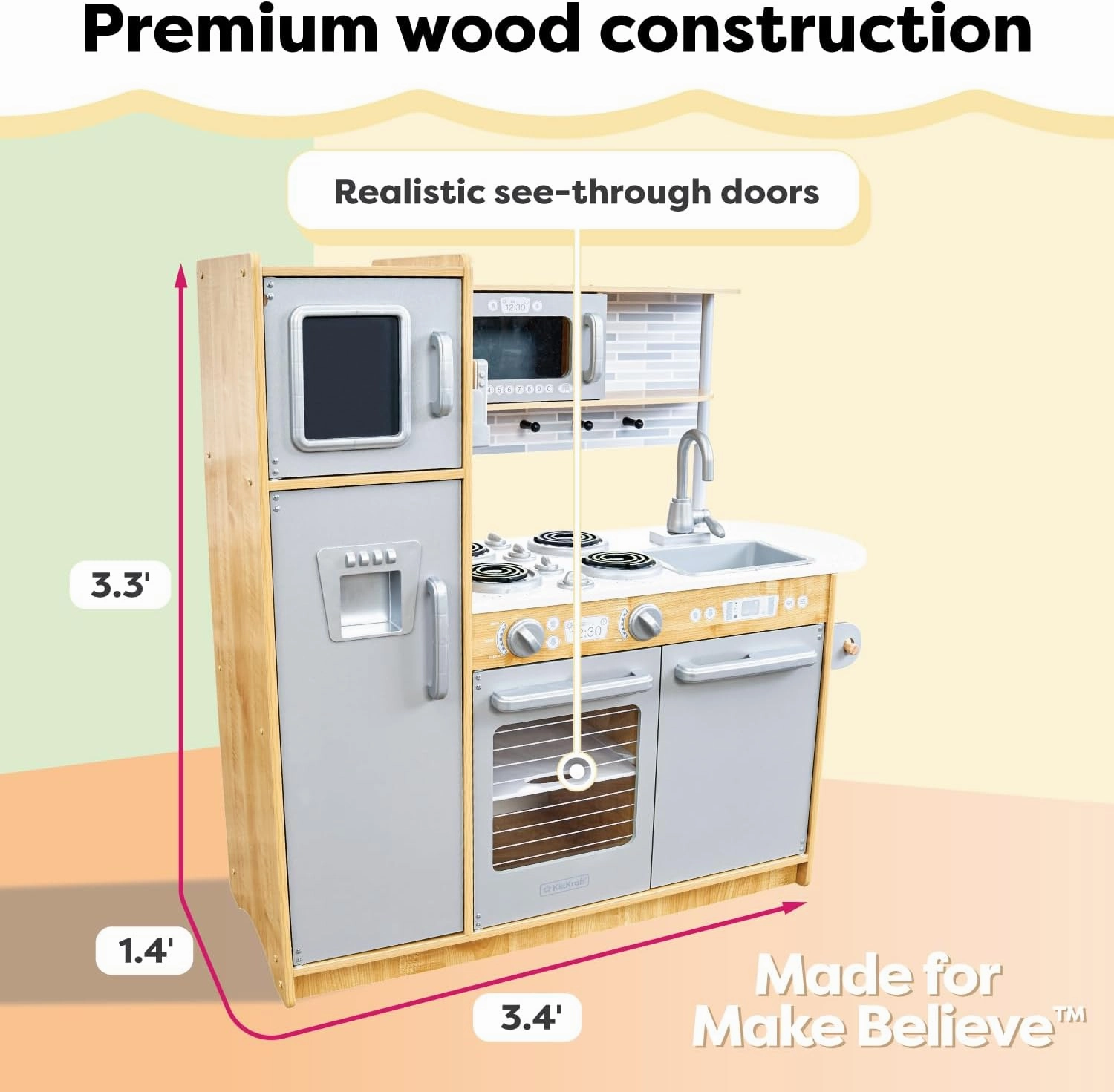 KidKraft Uptown Natural Wooden Play Kitchen with Play Phone, Chalkboard & Towel Rack, Gift for Ages 3 