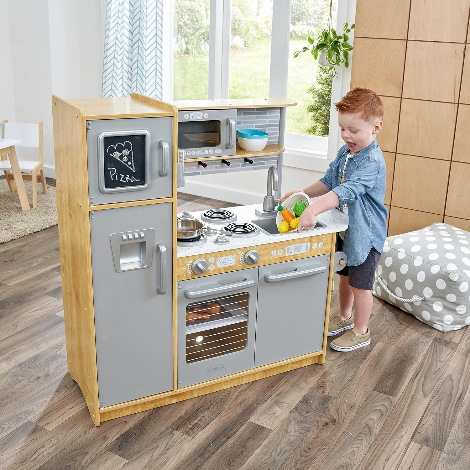 KidKraft Uptown Natural Wooden Play Kitchen with Play Phone, Chalkboard & Towel Rack, Gift for Ages 3 