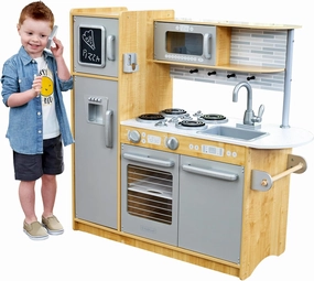 KidKraft Uptown Natural Wooden Play Kitchen with Play Phone, Chalkboard & Towel Rack, Gift for Ages 3 