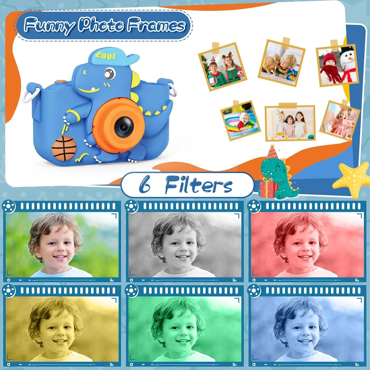 Kids Camera, Dinosaur Kids Camera for Kids Boys, Toddler Camera Digital Camera for Kids Age 3-12, Christmas Birthday Gifts Toys for 3 4 5 6 7 8 9 10 Years Old Boys, 1080P HD Selfie Video Camera