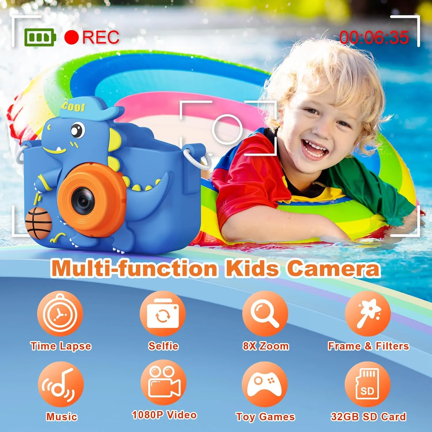 Kids Camera, Dinosaur Kids Camera for Kids Boys, Toddler Camera Digital Camera for Kids Age 3-12, Christmas Birthday Gifts Toys for 3 4 5 6 7 8 9 10 Years Old Boys, 1080P HD Selfie Video Camera