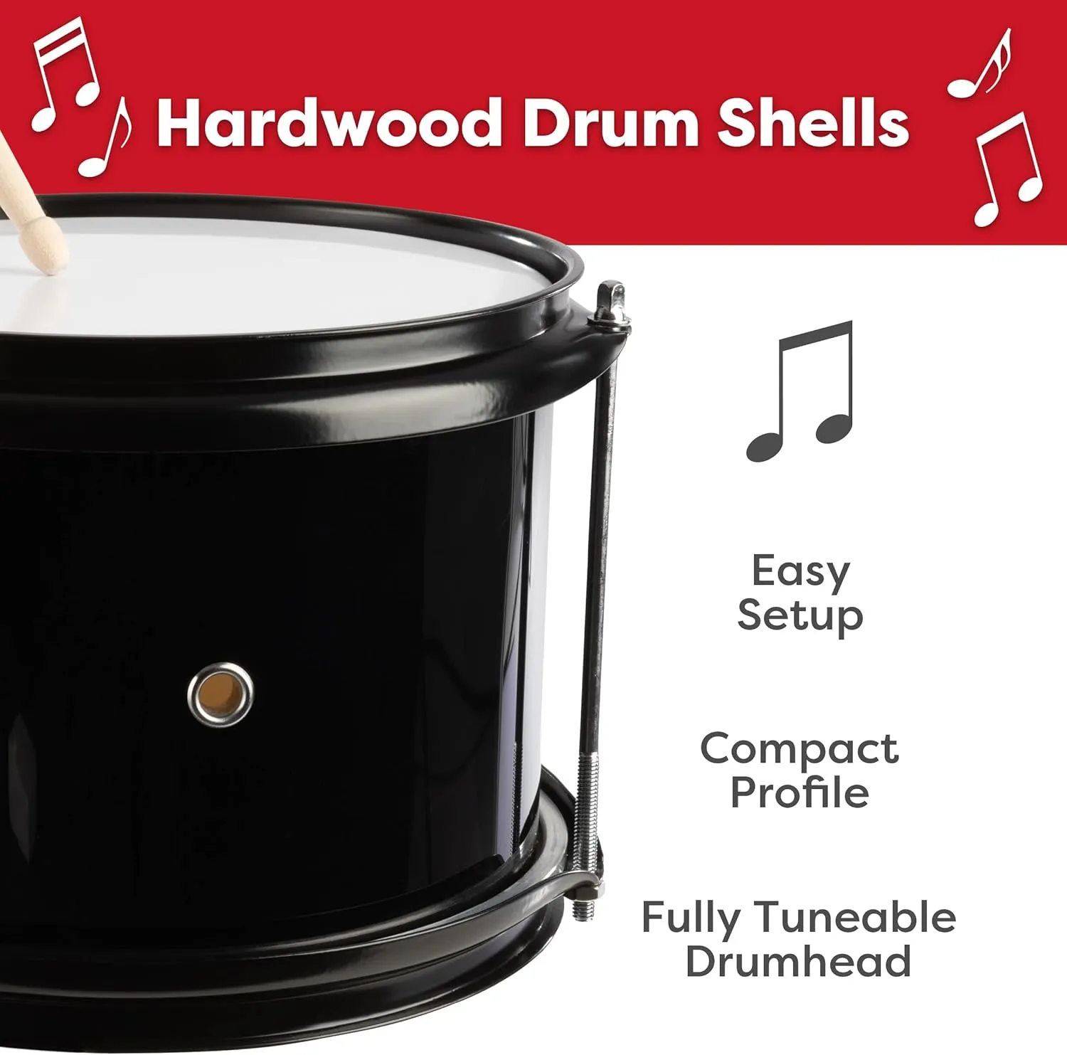 Kids Drum Set - 3-Piece Drum Kit with Cymbal, 2 Toms, Bass Drum and Pedal, Drumsticks, and Throne - Beginner Musical Instruments by Hey Play (Black)