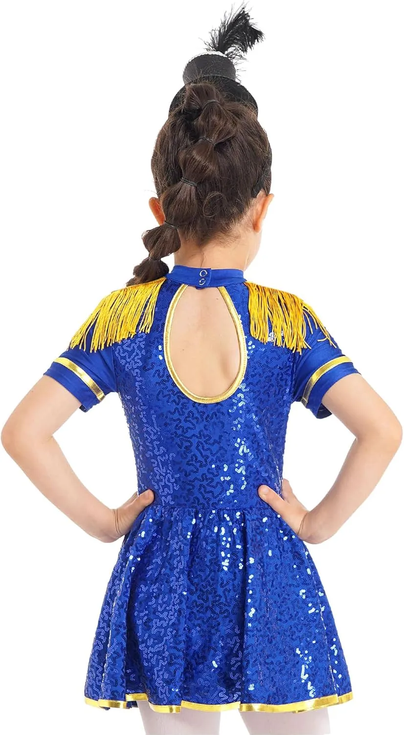 Kids Girls Honor Guard Uniform Marching Band Drum Majorette Sequins Tassel Leotard Tutu Dress