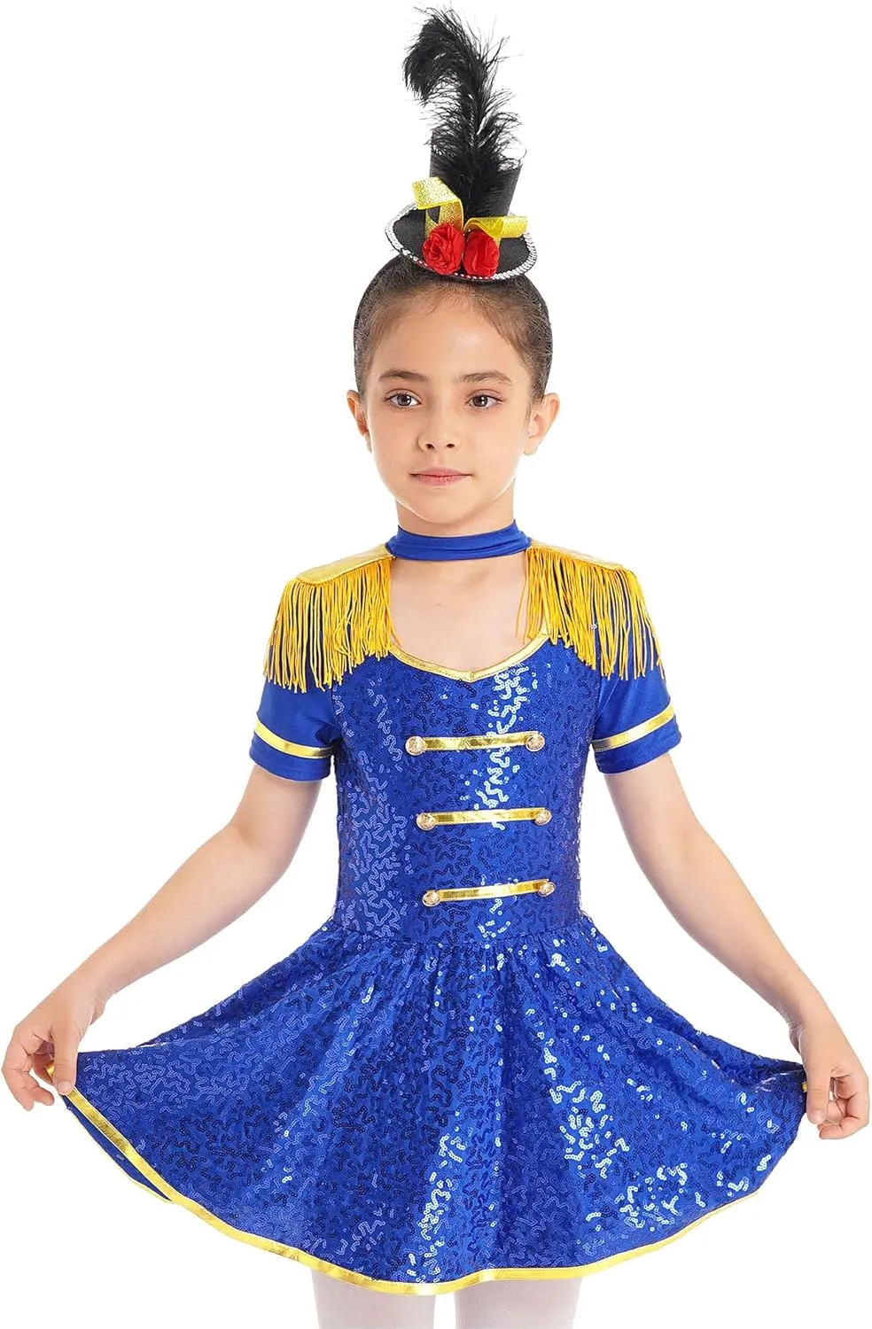 Kids Girls Honor Guard Uniform Marching Band Drum Majorette Sequins Tassel Leotard Tutu Dress