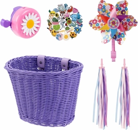 Kids Bike Basket, Bike Basket Front Bike Accessories for Girl Boys, Woven Bicycle Basket with Stickers, Bike Bell, Windmill, and 1pairs Colorful Ribbons Tassels