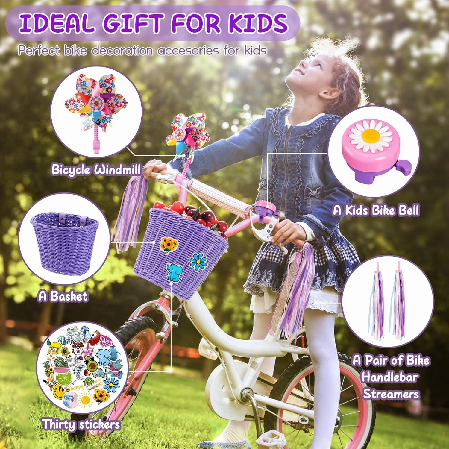 Kids Bike Basket, Bike Basket Front Bike Accessories for Girl Boys, Woven Bicycle Basket with Stickers, Bike Bell, Windmill, and 1pairs Colorful Ribbons Tassels