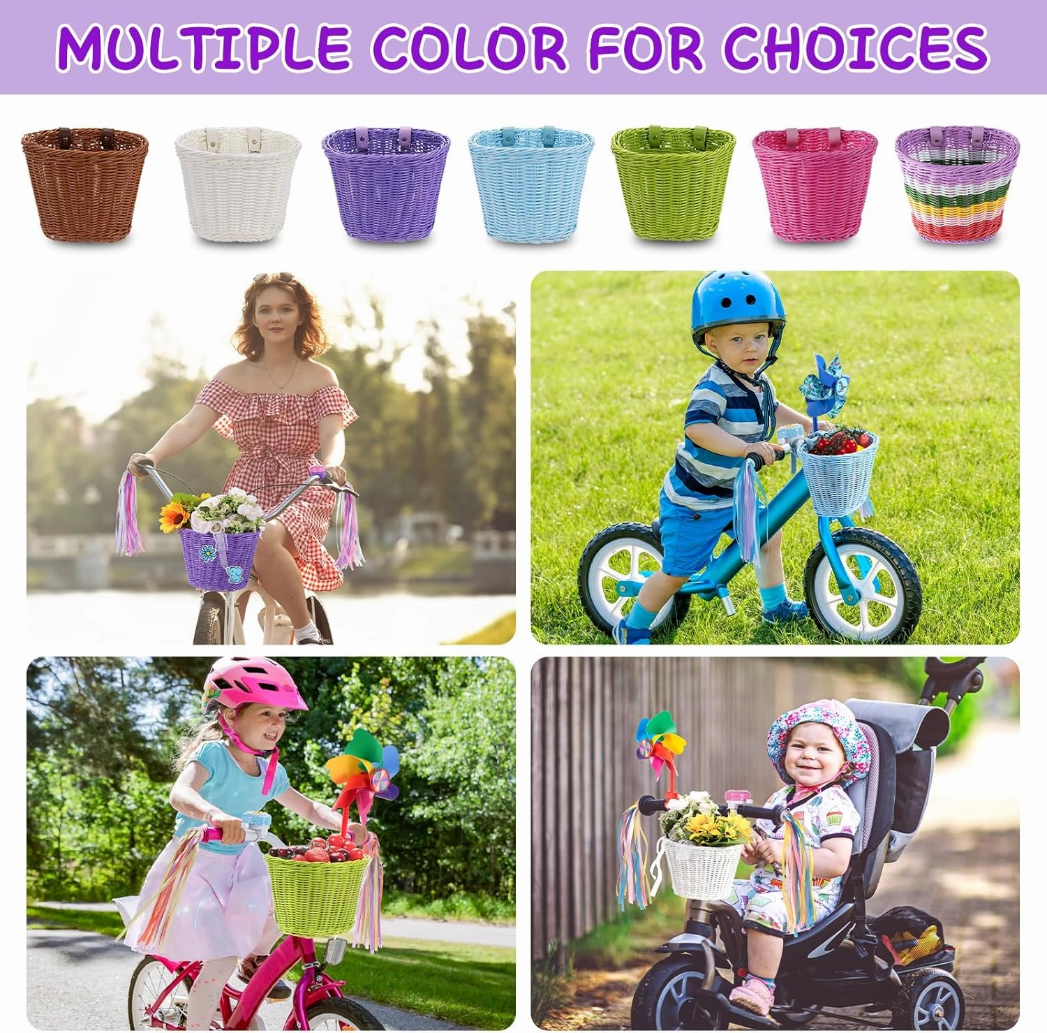 Kids Bike Basket, Bike Basket Front Bike Accessories for Girl Boys, Woven Bicycle Basket with Stickers, Bike Bell, Windmill, and 1pairs Colorful Ribbons Tassels
