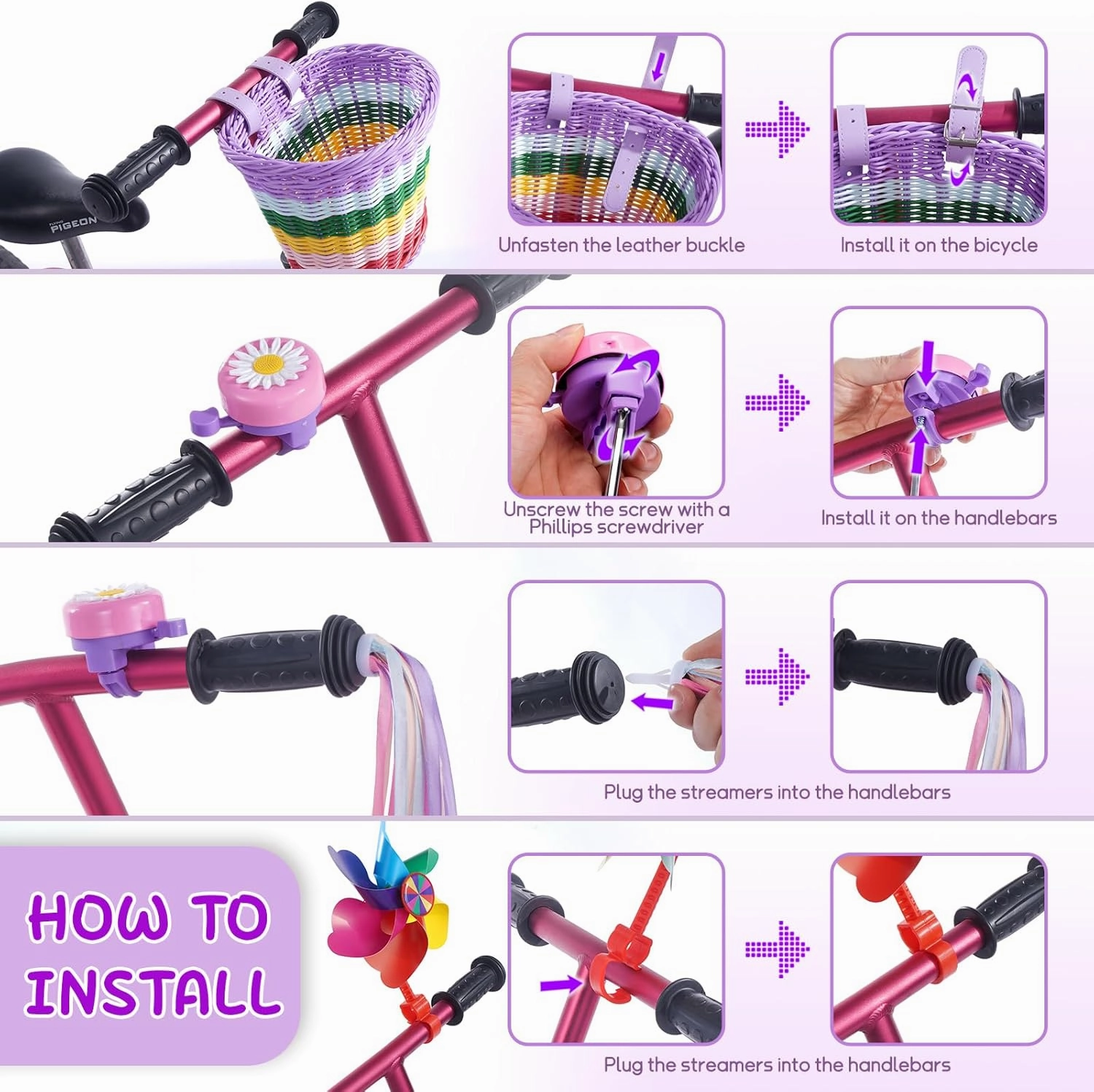 Kids Bike Basket, Bike Basket Front Bike Accessories for Girl Boys, Woven Bicycle Basket with Stickers, Bike Bell, Windmill, and 1pairs Colorful Ribbons Tassels