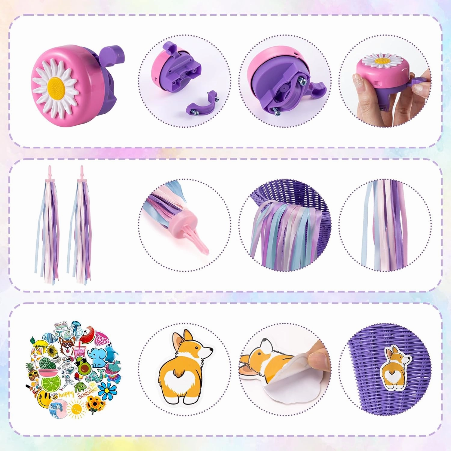 Kids Bike Basket, Bike Basket Front Bike Accessories for Girl Boys, Woven Bicycle Basket with Stickers, Bike Bell, Windmill, and 1pairs Colorful Ribbons Tassels
