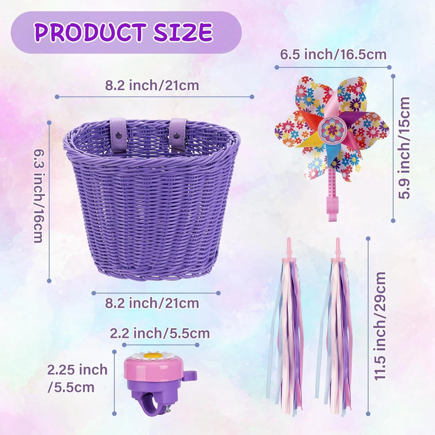 Kids Bike Basket, Bike Basket Front Bike Accessories for Girl Boys, Woven Bicycle Basket with Stickers, Bike Bell, Windmill, and 1pairs Colorful Ribbons Tassels