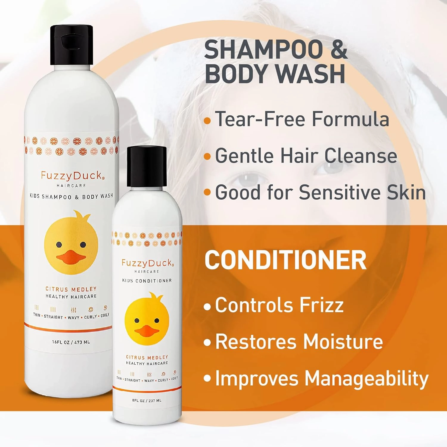 Kids Shampoo   Body Wash, Conditioner and Hair Gel Set (8oz each) for All Hair Types, Moisturizer with Aloe, Sea Botanicals & Honey to Reduce Frizz, Increase Moisture & Manageability for Smooth, Silky Hair - Citrus Medley