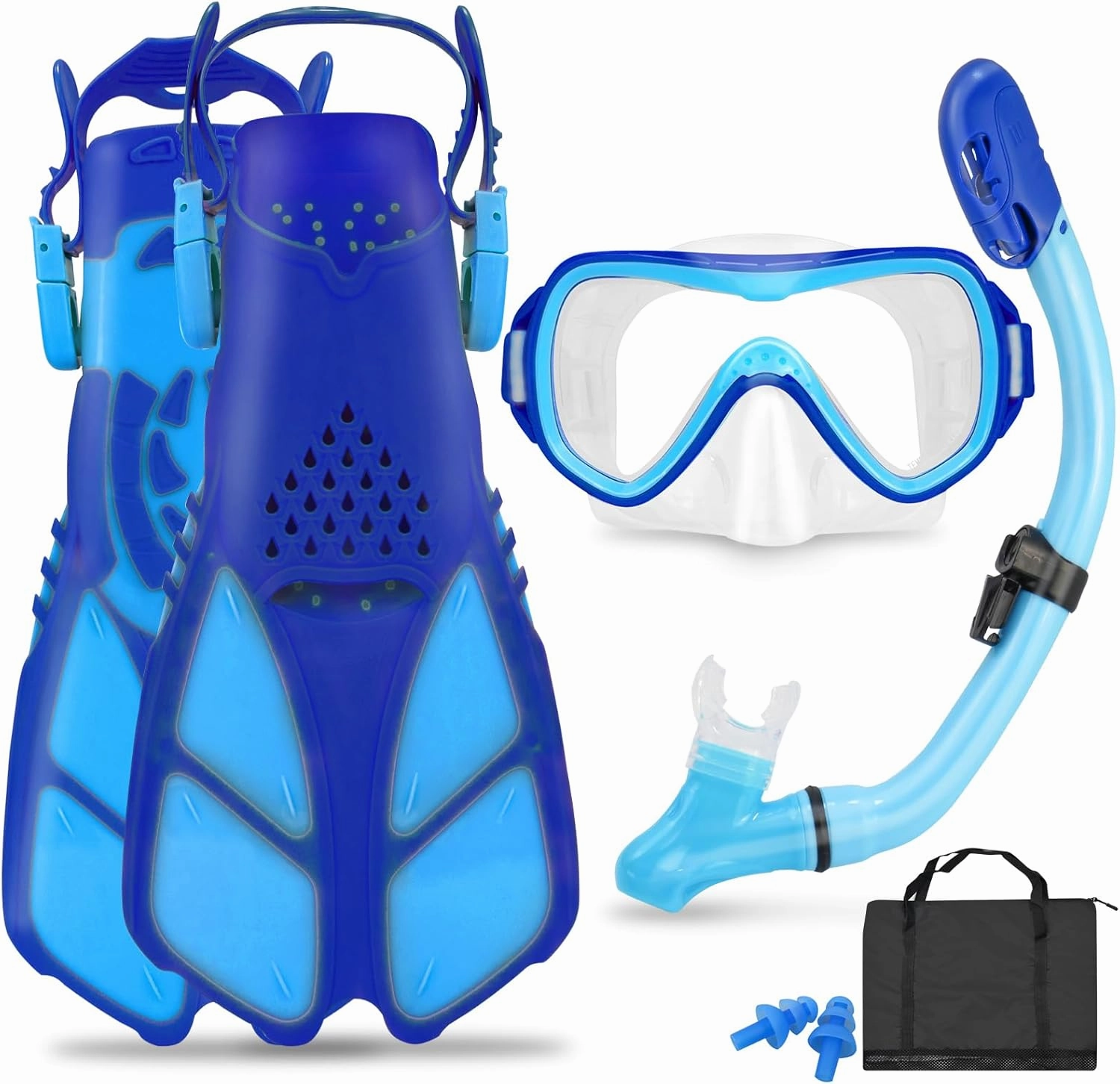 Kids Snorkel Set Mask Fins-Panoramic Snorkel Mask Dry Top Snorkel Adjustable Swim Fins Mesh Bag Earplugs for Boys Girls, Junior Snorkeling Gear for Kids Ages 5-14
